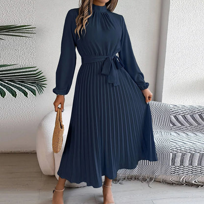 Retro Long Sleeve Pleated Dress – Elegant & Stylish