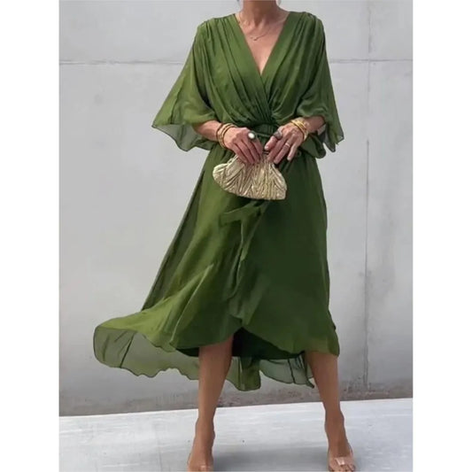 Elegant Ruffle Bat Sleeve Dress – Timeless & Chic