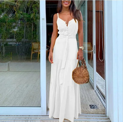 Boho V-Neck Spaghetti Strap Maxi Dress – Elegant & Breezy