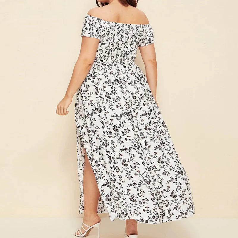 Boho Off-Shoulder Floral Maxi Dress – Plus Size Elegance