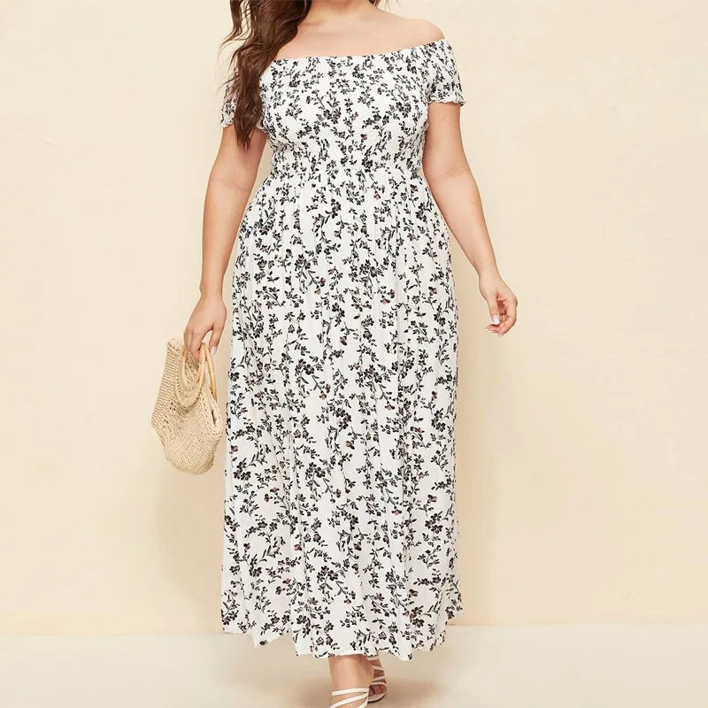 Boho Off-Shoulder Floral Maxi Dress – Plus Size Elegance