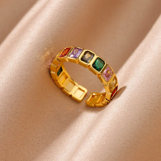 Rainbow Zircon Square Ring – Elegant & Colorful