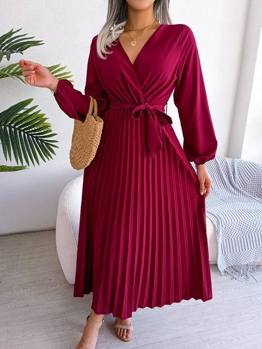 Elegant V-Neck Pleated Maxi Dress – Long Sleeve