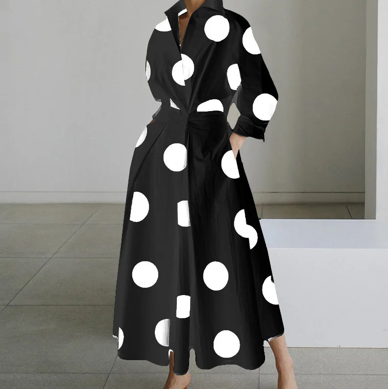 Polka Dot V-Neck Maxi Dress – Elegant & Timeless