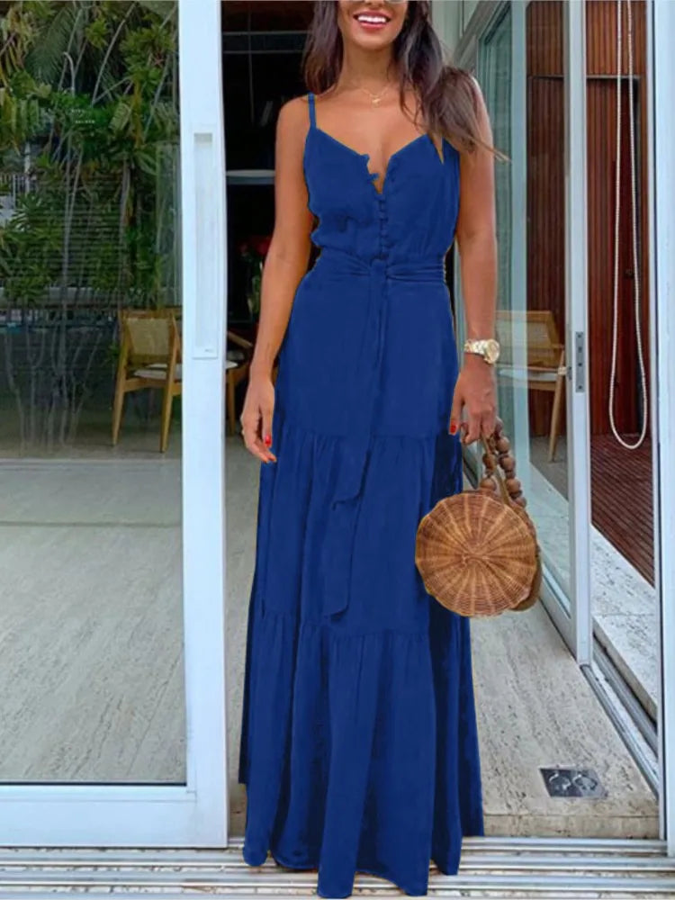 Boho V-Neck Spaghetti Strap Maxi Dress – Elegant & Breezy