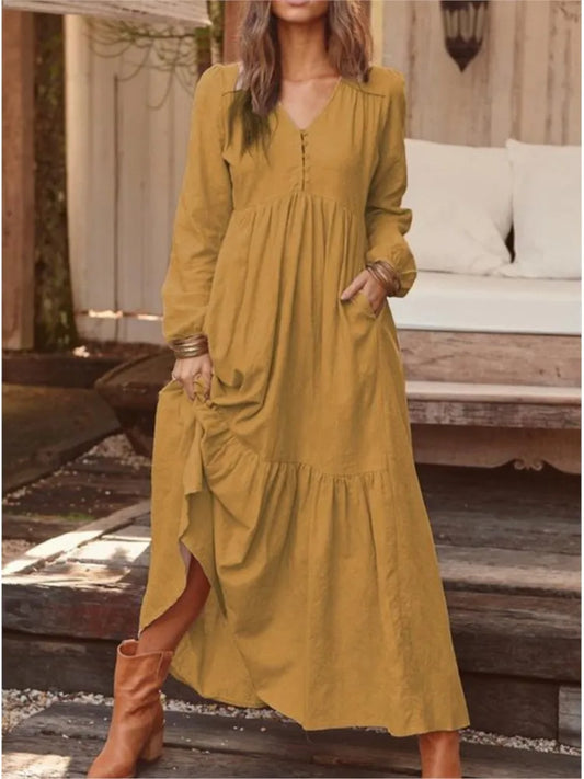 Vintage Cotton & Linen V-Neck Maxi Dress – Elegant & Timeless