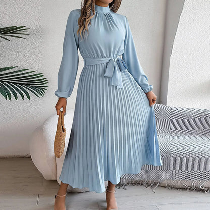 Retro Long Sleeve Pleated Dress – Elegant & Stylish