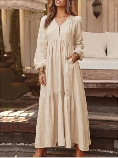 Vintage Cotton & Linen V-Neck Maxi Dress – Elegant & Timeless