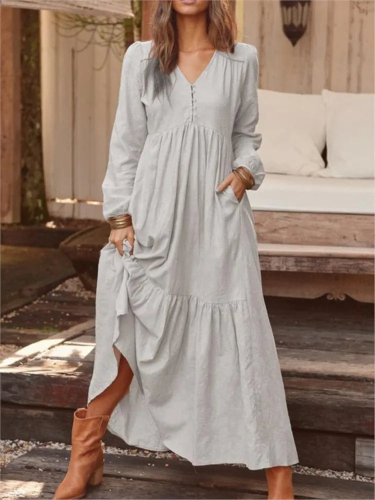 Vintage Cotton & Linen V-Neck Maxi Dress – Elegant & Timeless