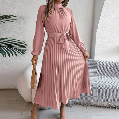 Retro Long Sleeve Pleated Dress – Elegant & Stylish