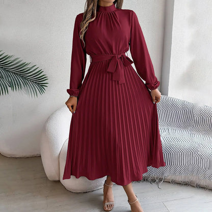 Retro Long Sleeve Pleated Dress – Elegant & Stylish