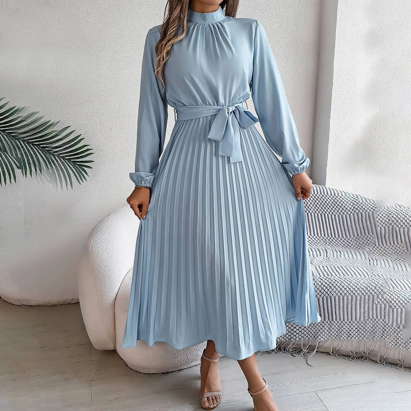 Retro Long Sleeve Pleated Dress – Elegant & Stylish