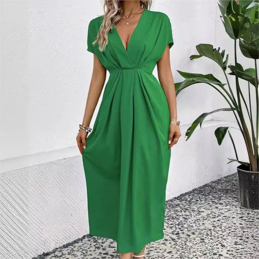 Green V-Neck Off-Shoulder Pleated Dress – Elegant & Timeless