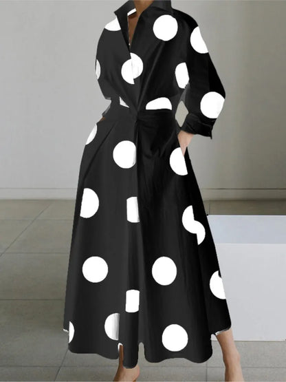 Polka Dot V-Neck Maxi Dress – Elegant & Timeless