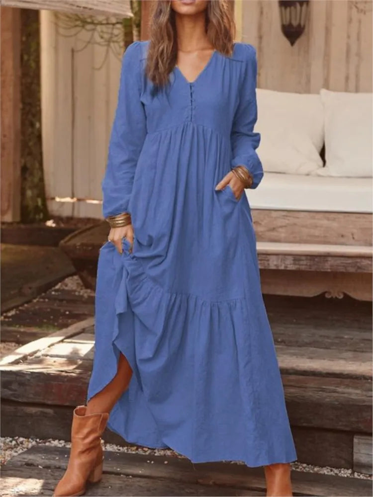 Vintage Cotton & Linen V-Neck Maxi Dress – Elegant & Timeless