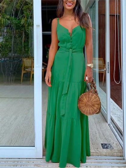 Boho V-Neck Spaghetti Strap Maxi Dress – Elegant & Breezy