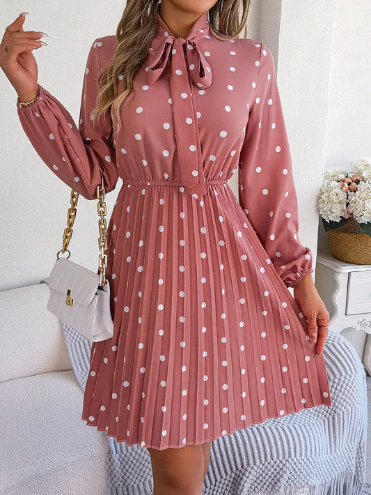 Elegant Polka Dot Long Dress – Lace-Up & Pleated