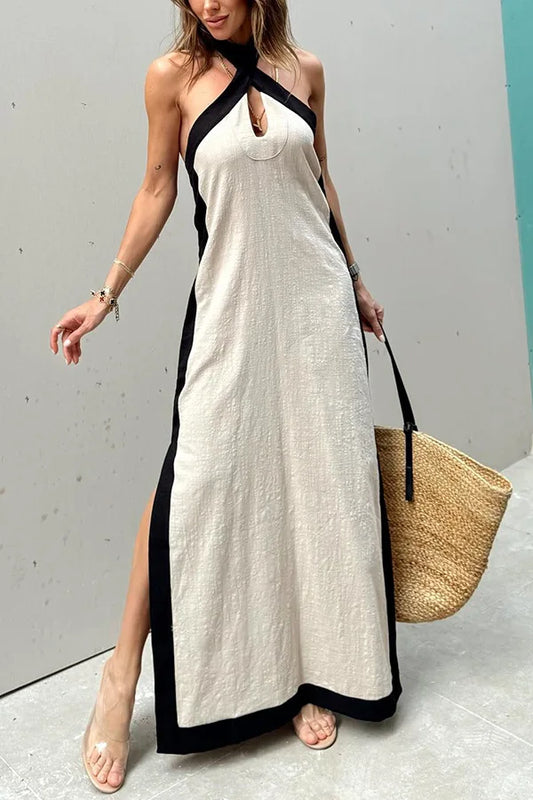 Boho Cotton Linen Maxi Dress – Halterneck & Backless