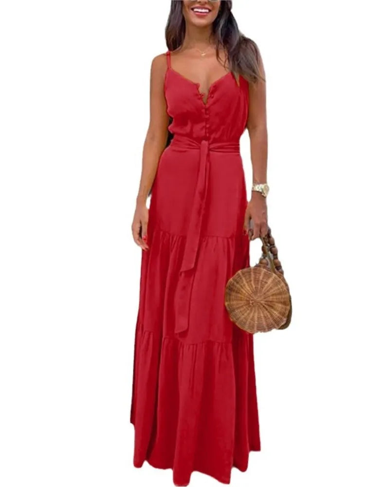 Boho V-Neck Spaghetti Strap Maxi Dress – Elegant & Breezy