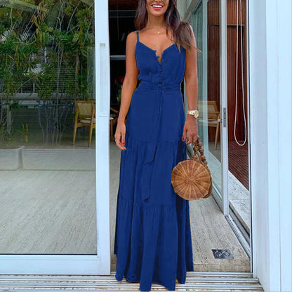 Boho V-Neck Spaghetti Strap Maxi Dress – Elegant & Breezy