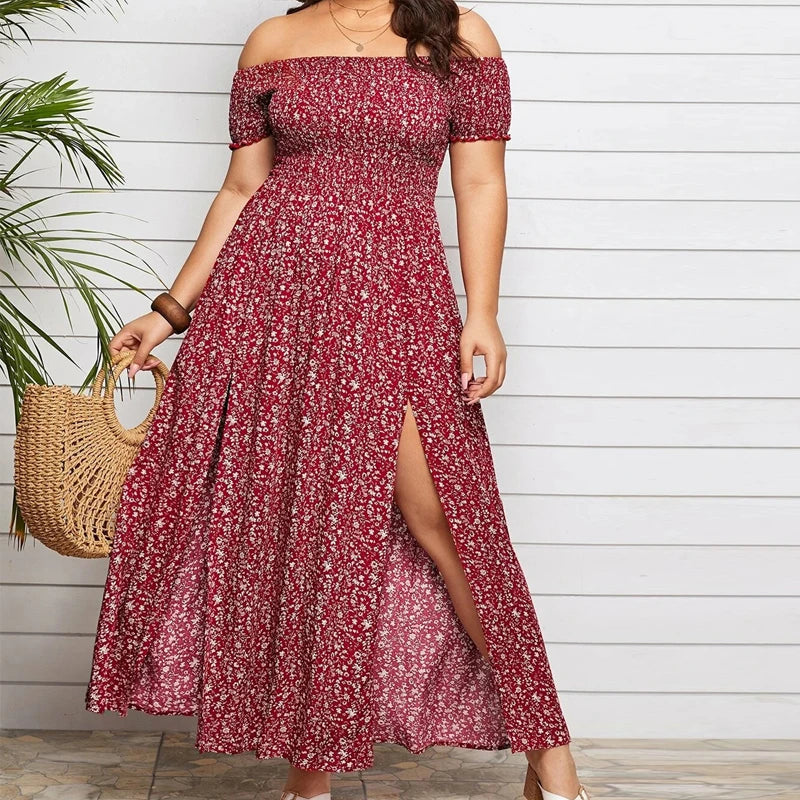 Boho Off-Shoulder Floral Maxi Dress – Plus Size Elegance