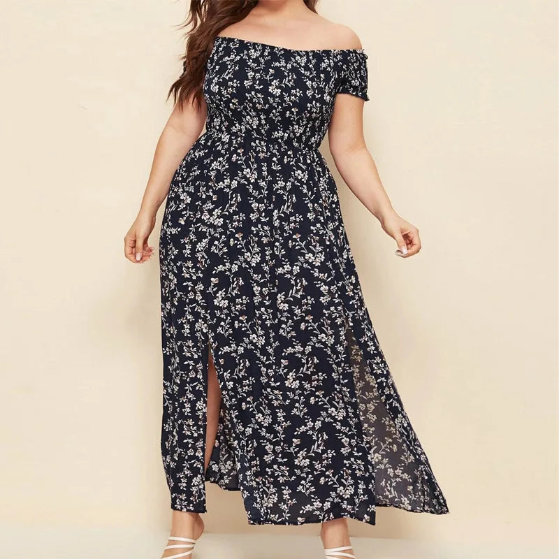 Boho Off-Shoulder Floral Maxi Dress – Plus Size Elegance