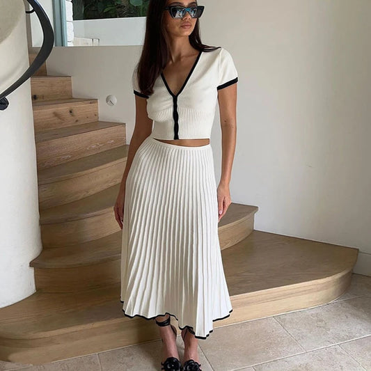 Elegant White Skirt Set – V-Neck Crop Top & Pleated Skirt